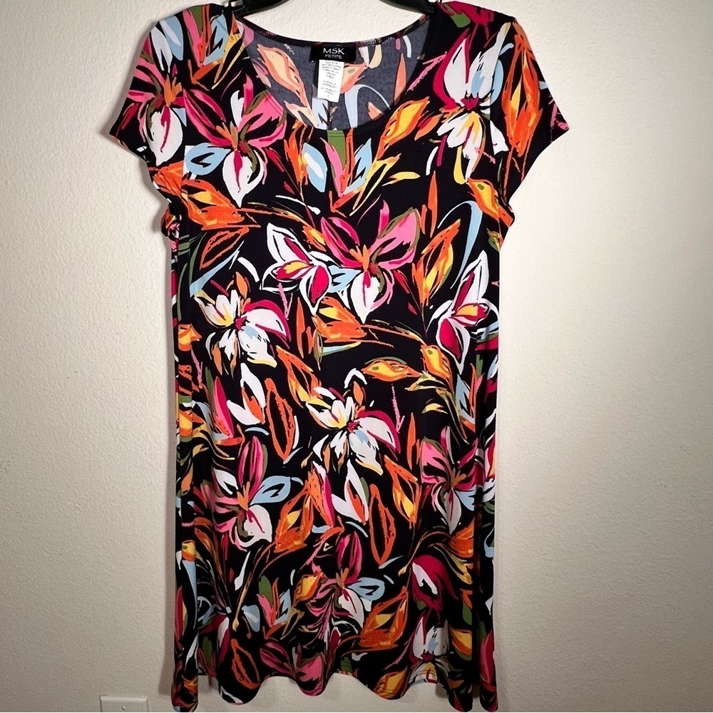 MSK Petite Large Black Orange Pink Floral Dress